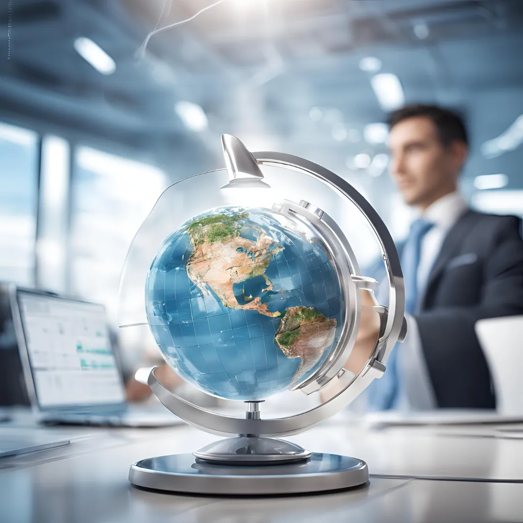 A globe sits on top of a desk next to a business man working on this laptop.