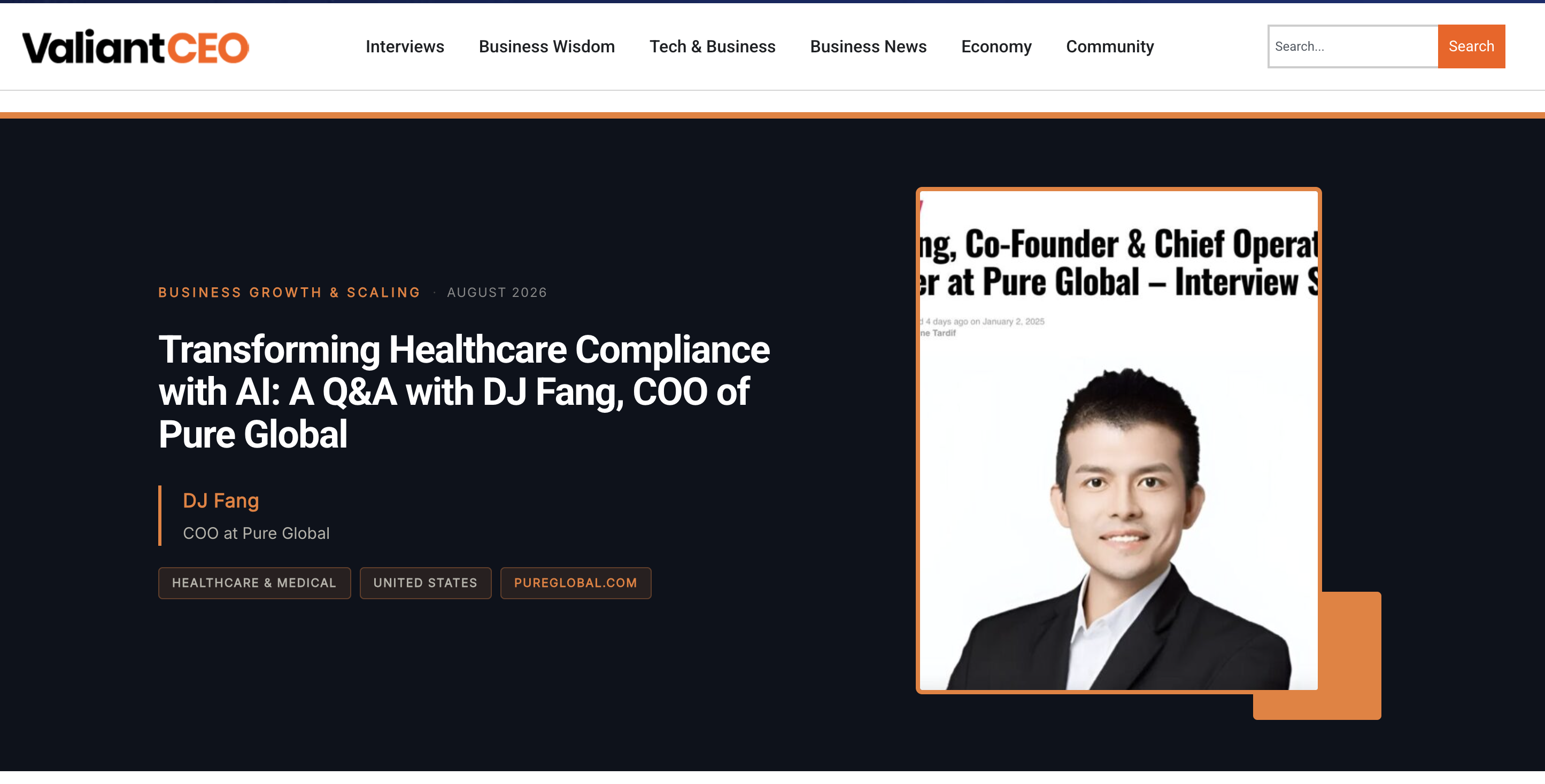 DJ Fang discusses AI and healthcare compliance in a ValiantCEO interview